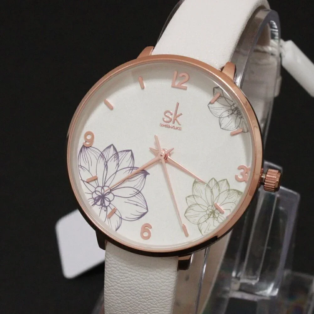 Ladies Dress Quartz Watch White Floral Dial White Strap 32mm